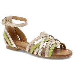Sandały damskie Maciejka, rzymianki skórzane na płaskim obcasie zapinane sprzączką, beżowo-zielone, 06974-37-00-1. Brązowe sandały damskie Maciejka, z aplikacjami, bez obcasa, na płaskiej podeszwie, bez zapięcia. Za 309.00 zł.
