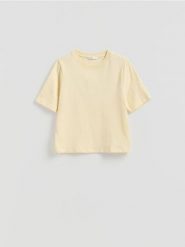 T-shirt z bawełną - jasnożółty. Żółte t-shirty damskie Reserved, l, bez wzorów, z bawełny, klasyczne, bez kołnierzyka. Za 59.99 zł.