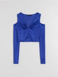 Welurowa bluzka z odkrytymi ramionami i marszczeniem przy dekolcie - niebieski. Niebieskie bluzki damskie Sinsay, l, bez wzorów, z weluru, bez kołnierzyka, bez ramiączek. Za 49.99 zł.