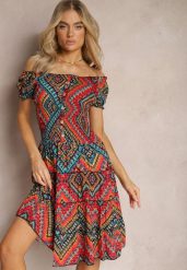 Czerwona Elastyczna Sukienka Boho z Hiszpańskim Dekoltem z Bawełny Solphina. Czerwone sukienki damskie Renee, m, bez wzorów, z bawełny, boho, bez kołnierzyka, bez ramiączek. Za 39.99 zł.