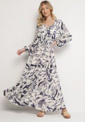 Niebieska Wiskozowa Sukienka w Abstrakcyjny Print z Gumką w Talii i Dekoltem w Serek Arpio. Niebieskie sukienki damskie Born2be, na co dzień, l, bez wzorów, z jeansu, eleganckie, bez kołnierzyka, bez ramiączek, maxi, rozkloszowane. Za 139.99 zł.