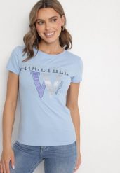Jasnoniebieski T-shirt z Bawełny Ozdobiony Napisem i Cyrkoniami Raltebis. Niebieskie bluzki damskie Born2be, m, bez wzorów, z bawełny, klasyczne, bez kołnierzyka. Za 34.99 zł.