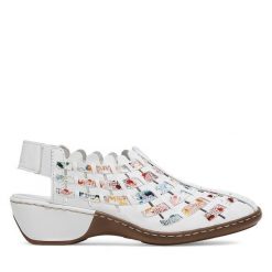 Sandały Rieker. Białe klapki damskie Rieker, bez wzorów, bez obcasa, na koturnie, bez zapięcia. Za 339.99 zł.