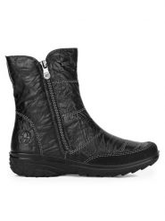 Rieker Botki Z7055-00 Czarny. Czarne botki damskie Rieker, ze skóry, bez obcasa, na płaskiej podeszwie, bez zapięcia. Za 335.99 zł.