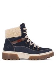 Rieker Trzewiki X8638-14 Niebieski. Niebieskie botki damskie Rieker, z materiału, bez obcasa, na płaskiej podeszwie, bez zapięcia. Za 258.99 zł.