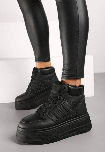 Czarne Sneakersy na Platformie Mocno Ocieplane Futerkiem Lealwen. Czarne obuwie sportowe damskie Renee, bez wzorów, z jeansu. Za 129.99 zł.
