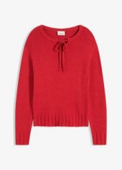 Gruby sweter z wiązaniem przy dekolcie. Czarne swetry damskie bonprix, bez wzorów, bez kołnierzyka, bez ramiączek, bez kaptura. Za 99.99 zł.