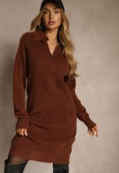 Brązowa Sweterkowa Sukienka z Bawełną i Wełną Ozdobiona Suwakiem Reinda. Brązowe sukienki damskie Renee, na co dzień, l, bez wzorów, z bawełny, bez kołnierzyka, bez ramiączek, midi, oversize. Za 89.99 zł.