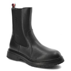 Czarne Botki Tommy Hilfiger Modne Buty Damskie. Czarne kozaki damskie Tommy Hilfiger, z materiału, bez obcasa, na płaskiej podeszwie. Za 419.00 zł.