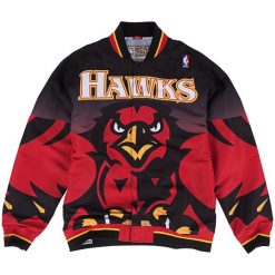 Kurtka rozgrzewająca Nba Authentic Atlanta Hawks. Czarne bluzy męskie Mitchell & Ness, bez wzorów, sportowe, bez kaptura. W wyprzedaży za 491.50 zł.