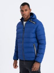 Kurtka męska pikowana z kontrastowymi zamkami - indygo V4. Kurtki męskie Ombre Clothing, l, bez wzorów, z kapturem. W wyprzedaży za 99.99 zł.