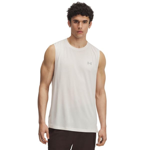 Tank top Under Armour Launch. Brązowe koszulki sportowe męskie Under Armour, bez wzorów, bez kołnierzyka, bez ramiączek, do biegania. Za 222.50 zł.