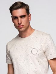 Męski bawełniany t-shirt z nadrukiem i okrągłym dekoltem – beżowy V2 - Rozmiar: S. Brązowe t-shirty męskie Ombre Clothing, na lato, m, bez wzorów, z bawełny, eleganckie, bez kołnierzyka. W wyprzedaży za 34.99 zł.