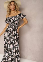 Czarno-Biała Kwiecista Sukienka o Rozkloszowanym Kroju z Marszczoną Górą Eliseria. Czarne sukienki damskie Renee, bez wzorów, z materiału, eleganckie, bez ramiączek. Za 49.99 zł.