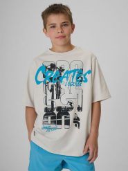 4F T-shirt loose z nadrukiem chłopięcy - szary 158/164 (12-14 lat). Szare t-shirty dla chłopców 4f, bez wzorów, z bawełny, bez ramiączek. Za 49.99 zł.