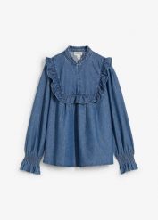 Bluzka jeansowa z falbankami. Niebieskie bluzki damskie bonprix, bez wzorów, z jeansu, bez kołnierzyka, bez ramiączek. Za 129.99 zł.