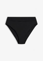 Figi bikini z wysoką talią, szybkoschnące, z wysokim wycięciem na nogi. Czarne bikini damskie bonprix, bez wzorów. Za 64.99 zł.