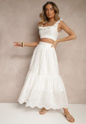 Biały Komplet Boho z Wiskozy Spódnica i Top z Falbanką Zdobione Haftem Natelea. Białe spódnice damskie Renee, na lato, m, z aplikacjami, z materiału, boho. Za 219.99 zł.