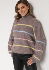 Beżowy Golf z Wełną Ozdobiony Paskami Reisorria. Brązowe swetry damskie Born2be, uniwersalny, bez wzorów, z jeansu, bez kołnierzyka, bez ramiączek, bez kaptura. Za 159.99 zł.