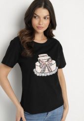 Czarny T-shirt z Bawełny Ozdobiony Nadrukiem i Kokardą 3D Sanathien. Czarne bluzki damskie Born2be, l, z aplikacjami, z bawełny, klasyczne, bez kołnierzyka. Za 34.99 zł.