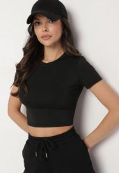 Czarny T-shirt z Wiskozą o Dopasowanym Kroju Typu Crop Top Folirra. Czarne bluzki damskie Born2be, m, bez wzorów, z jeansu, klasyczne, bez kołnierzyka. Za 39.99 zł.