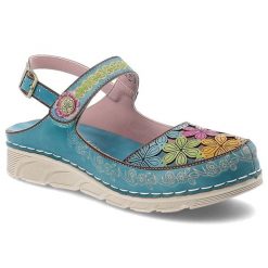 Sandały damskie Laura Vita, cholewka ze skóry naturalnej zapinane na rzep kwiatowy wzór, turkusowe, Dorry 32 AJ1819-B12. Niebieskie klapki damskie Laura Vita, z aplikacjami, ze skóry, bez obcasa. Za 278.90 zł.