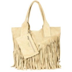 Beżowa Torebka damska skórzana zamszowa A4 frędzel duża L83. Brązowe torebki do ręki damskie bez wzorów, z zamszu, duże, zamszowe, bez dodatków. Za 159.90 zł.