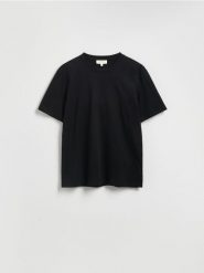 T-shirt regular z interlokowym splotem - czarny. Czarne t-shirty męskie Reserved, l, bez wzorów, z dzianiny, bez kołnierzyka. Za 99.99 zł.