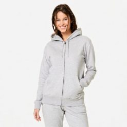 Bluza na zamek damska Domyos fitness. Szare bluzy damskie DOMYOS, m, bez wzorów, z bawełny, z kapturem, na fitness i siłownię. Za 119.99 zł.