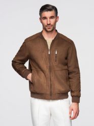 Kurtka bomberka męska z imitacji zamszu - brązowa V1 - Rozmiar: M. Brązowe kurtki męskie Ombre Clothing, l, z aplikacjami, z materiału, wizytowe, bez kaptura. Za 399.99 zł.