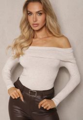 Jasnobeżowy Sweter z Dodatkiem Wiskozy Ozdobiony Wywiniętym Dekoltem Elorievia. Brązowe swetry damskie Renee, m, bez wzorów, z jeansu, biznesowe, bez kołnierzyka, bez ramiączek, długie, bez kaptura. Za 99.99 zł.