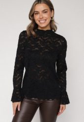 Czarna Koronkowa Bluzka ze Stójką i Rozszerzanymi Rękawami Nefina. Czarne bluzki damskie Born2be, l, z aplikacjami, z jeansu, eleganckie, bez kołnierzyka, bez ramiączek. Za 99.99 zł.