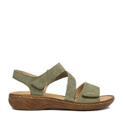 Sandały Rieker. Zielone sandały damskie Rieker, bez wzorów, bez obcasa, na płaskiej podeszwie, bez zapięcia. Za 289.99 zł.