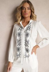 Biała Koszula z Wiskozą Bawełną i Haftem Nalorielle. Białe bluzki damskie Renee, l, z aplikacjami, z bawełny, eleganckie, bez kołnierzyka, bez ramiączek. Za 74.99 zł.