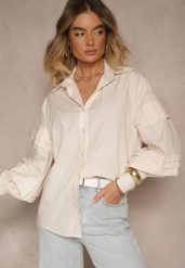 Jasnobeżowa Koszula z Bawełną i Szerokimi Rękawami Edioniela. Brązowe bluzki damskie Renee, na wiosnę, m, bez wzorów, z bawełny, eleganckie, bez kołnierzyka, bez ramiączek. Za 79.99 zł.