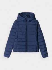 4F Kurtka puchowa z wypełnieniem z recyklingu damska - granatowa S. Niebieskie kurtki damskie 4f, s, bez wzorów, z dzianiny, klasyczne, z kapturem. W wyprzedaży za 129.99 zł.