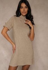 Beżowa Sukienka Sweterkowa o Trapezowym Kroju z Perełkami Liatusea. Brązowe sukienki damskie Renee, na co dzień, l, bez wzorów, z dzianiny, bez kołnierzyka, bez ramiączek, trapezowe. Za 89.99 zł.