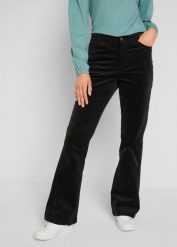 Spodnie sztruksowe dzwony high-waist z wygodnym paskiem. Czarne spodnie materiałowe damskie bonprix, bez wzorów, ze sztruksu, z podwyższonym stanem. Za 82.99 zł.