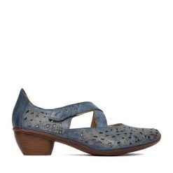 Półbuty Rieker. Niebieskie półbuty damskie Rieker, bez wzorów, bez obcasa, na obcasie, bez zapięcia. Za 339.99 zł.