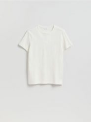 T-shirt slim fit - złamana biel. T-shirty męskie Reserved, l, bez wzorów, z bawełny, bez kołnierzyka. Za 69.99 zł.