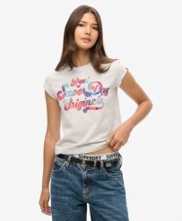 Superdry Koszulka damska Floral Scripted Cap Slv Flake Grey Marl. Szare t-shirty damskie Superdry., bez wzorów, z bawełny, bez kołnierzyka. Za 145.20 zł.