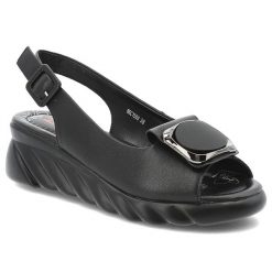 Sandały damskie Artiker, skórzane licowe na platformie zapinane sprzączką, czarne, 56C1569. Czarne sandały damskie Artiker, bez wzorów, bez obcasa, na koturnie, bez zapięcia. Za 179.00 zł.