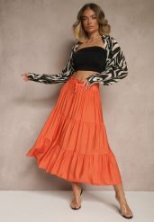 Pomarańczowa Rozkloszowana Spódnica z Wiskozy Ozdobiona Wiązaniem Elliressa. Brązowe spódnice damskie Renee, l, bez wzorów, z wiskozy, eleganckie, midi, proste. Za 39.99 zł.