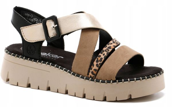 Rieker Sandals V1063-90 Beżowe 36. Brązowe sandały damskie Rieker, bez wzorów, bez obcasa, bez zapięcia. Za 220.33 zł.
