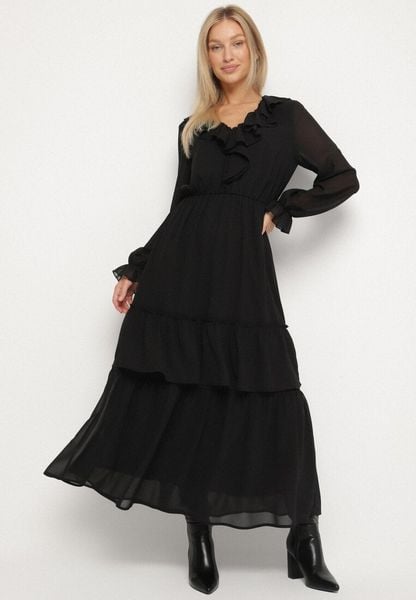 Czarna Siateczkowa Sukienka VICES o Rozkloszowanym Kroju z Falbanami Arevite. Czarne sukienki damskie Born2be, l, bez wzorów, klasyczne, bez kołnierzyka, bez ramiączek, rozkloszowane. Za 149.99 zł.
