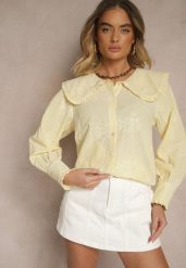 Żółta Koszula z Bawełną Ozdobiona Kołnierzykiem Natulissa. Żółte bluzki damskie Renee, l, bez wzorów, z bawełny, eleganckie, bez kołnierzyka, bez ramiączek. Za 84.99 zł.