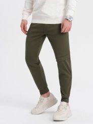 Ombre Spodnie męskie dresowe z przeszyciem i zamkiem na nogawce - oliwkowe V3 OM-PASK-0147 XXL. Zielone spodnie sportowe męskie Ombre, m, bez wzorów, z dresówki. Za 49.99 zł.