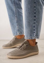 Szare Skórzane Tenisówki z Ażurową Cholewką Nesseli. Szare trampki i tenisówki damskie Born2be, w ażurowe wzory, z jeansu, biznesowe, bez zapięcia. Za 209.99 zł.