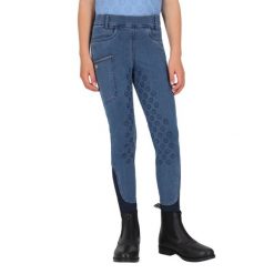Dziewczęce legginsy jeździeckie z pełną przyczepnością QHP Aubree. Niebieskie legginsy dla dziewczynek QHP, bez wzorów, z materiału. Za 309.00 zł.