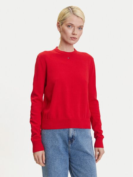 Tommy Jeans Sweter Essential DW0DW20159 Czerwony Regular Fit. Czerwone swetry damskie Tommy Jeans, m, bez wzorów, z bawełny, bez kołnierzyka, bez ramiączek, bez kaptura. Za 266.99 zł.